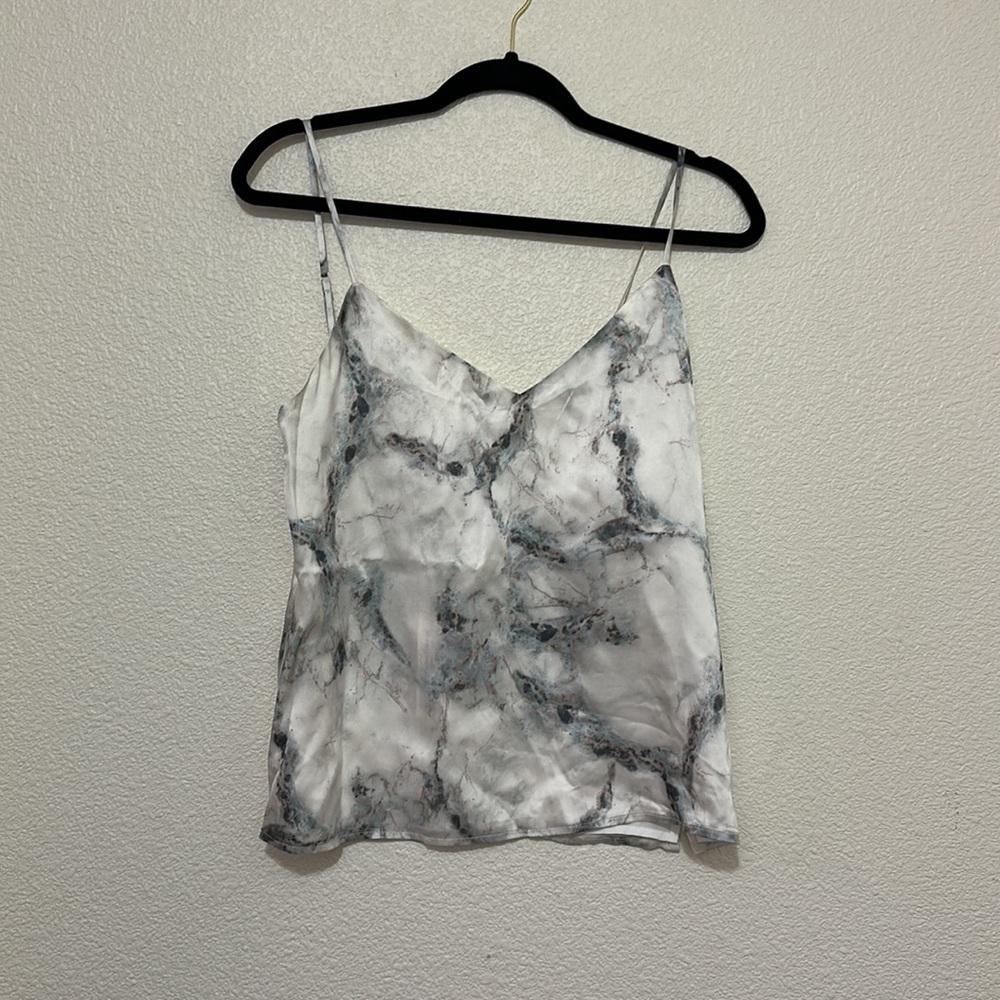 L'AGENCE Jane V Neck Spaghetti Strap Silk Marble Print Cami